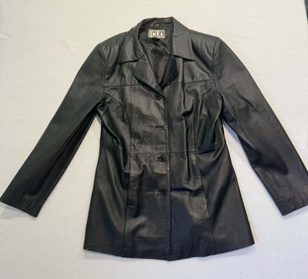 Vintage 90s Clio Leather Black Leather Blazer Jacket Women’s Size 14 Longline